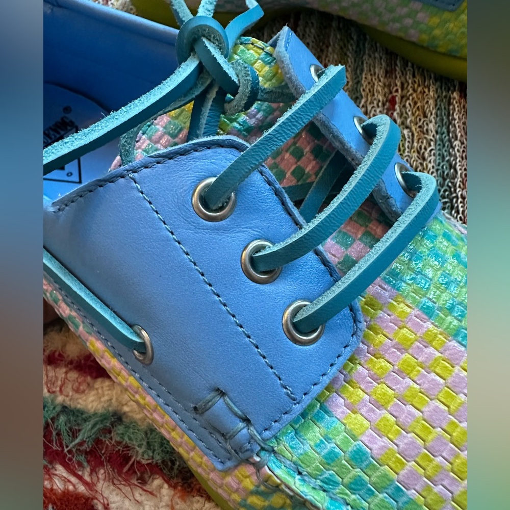Fluevog LIKE NEW Peacemaker Sailor Swift multi-weave blue loafer boat shoe -9 - Picture 11 of 16